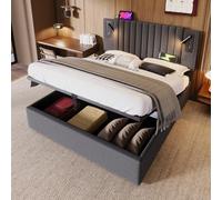 OKMYHOME Letto baule 180 x 200 cm - Letto matrimoniale imbottito con custodia, lampada da lettura e USB/Type-C, senza materasso, cotone grigio