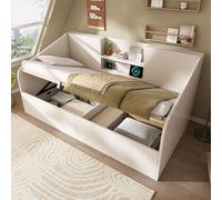 OKMYHOME Letto baule 90 x 190 cm, con contenitore idraulico e porte USB Type-C, 2 ripiani, rete inclusa, senza materasso, colore: bianco