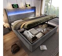 OKMYHOME Letto baule imbottito 160 x 200 cm con LED e USB, letto matrimoniale con testiera portaoggetti e baule idraulico, per adulti e adolescenti, in lino grigio senza materasso