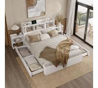 OKMYHOME Letto con ripostiglio, 140 x 200 cm, letto matrimoniale con 2 comodini estraibili, in MDF robusto, senza materasso, bianco
