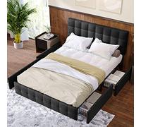 OKMYHOME Letto con ripostiglio 140 x 200 cm - Letto matrimoniale imbottito con 4 cassetti e testa regolabile in altezza, lino nero