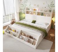 OKMYHOME Letto matrimoniale 140 x 200 cm con libreria rimovibile - testiera con luce notturna integrata e ripostigli, pannello di particelle e legno massello, bianco (senza materasso)