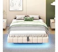 OKMYHOME Letto matrimoniale 140 x 200 cm con vano cassaforte e illuminazione a LED sotto il letto, letto galleggiante 140 x 200 senza testiera - lino beige, senza materasso