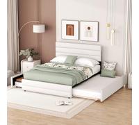 OKMYHOME Letto matrimoniale 140 x 200 cm - Letto estraibile con cassetti estensibili e ripostiglio aggiuntivo - Letto per adulti/adolescenti - Lino bianco - senza materasso