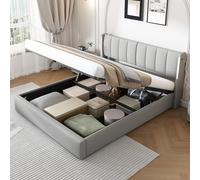 OKMYHOME Letto matrimoniale 160 x 200 cm, letto imbottito con LED e porte USB, testiera regolabile e baule idraulico, rivestimento in PU, grigio, senza materasso