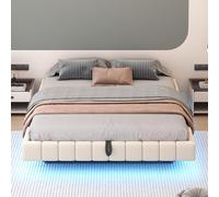 OKMYHOME Letto matrimoniale 180 x 200 cm con vano cassaforte e illuminazione a LED sotto il letto, letto galleggiante 180 x 200 senza testiera - lino beige, senza materasso