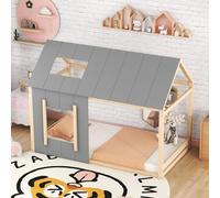 OKMYHOME Letto per bambini, 90 x 200 cm, letto capanna con tetto e finestra, legno di pino e MDF, senza materasso, colore naturale