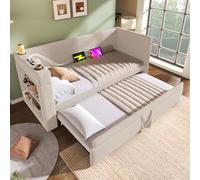 OKMYHOME Letto per panca 90 x 190 cm - Letto estraibile con porte USB e Type-C, porta bicchieri, senza materasso, colore: Beige