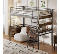 OKMYHOME Letto soppalco 90 x 200 cm - Letto adolescente con scrivania e ripiani - Protezione anticaduta inclusa - Metallo e MDF - Nero - senza materasso