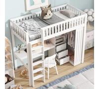 OKMYHOME Letto soppalco singolo 90 x 200 cm - in legno, con scrivania e armadio, scala con scomparti integrati, senza materasso, colore: bianco