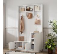 OKMYHOME Mobile d'ingresso - Spogliatoio ingresso con panca, 3 ante e 3 scomparti aperti, mobile ingresso pannello + metallo, 120 x 40 x 200 cm, bianco