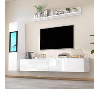 OKMYHOME Mobile TV 3 pezzi - Mobile basso, vetrina e mensola da parete con illuminazione a LED, design moderno soggiorno, MDF e vetro, bianco