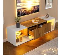 OKMYHOME Mobili TV, Mobile Basso Moderno con 3 Livelli e 2 Cassetti, Illuminazione a LED, Piani in Vetro, MDF, Bianco e Legno Naturale, 160×40×42 cm