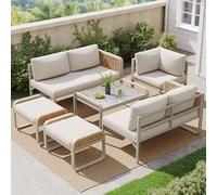 OKMYHOME Set di mobili da giardino, 6 - 7 posti, in rattan con divani, cuscini inclusi, tavolo e panchine, struttura in metallo, per terrazza o giardino, colore: beige