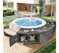 OKMYHOME Set di mobili da giardino rotondo per terrazza - divano circolare con comodi cuscini, struttura in metallo e rattan PE, tessuto resistente - grigio