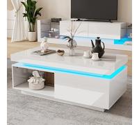 OKMYHOME Tavolino bianco con LED e 1 cassetto, alto lucido anteriore e vassoio, 100 x 50 x 40,3 cm, bianco