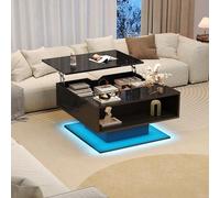 OKMYHOME Tavolino da caffè, 80 x 77 x 40 cm, con LED integrato e portaoggetti nascosto + semi-aperto, mobile TV design alto lucido, nero