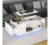 OKMYHOME Tavolino da caffè bianco con piano sollevabile idraulico, 1 cassetto, LED via app e deposito incorporato, pannello di particolati, 100x50x40 cm