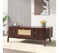 OKMYHOME Tavolino da caffè in rattan con 2 cassetti e ante scorrevoli, gambe in legno massello, 110×55×38,5 cm - marrone