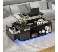OKMYHOME Tavolino da caffè nero con piano sollevabile idraulico, 1 cassetto, LED via app e stoccaggio, pannello di particolati, 100x50x40 cm
