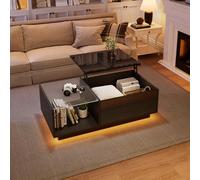 OKMYHOME Tavolino da salotto con illuminazione a LED e portaoggetti nascosto, piano regolabile in altezza, MDF nero, 100×50×33 cm