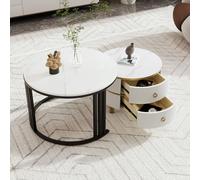 OKMYHOME Tavolino estraibile 2 in 1, piano effetto marmo bianco e finitura lucida, 2 cassetti e struttura in metallo nero, MDF ad alta resistenza, 70 x 70 x 46 + 50 x 50 x 40 cm