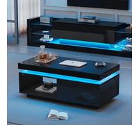 OKMYHOME Tavolino nero con illuminazione a LED e cassetto, alto lucido piano e pannelli, 100 x 50 x 40,3 cm - nero