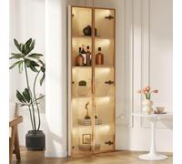 OKMYHOME Vetrina - Mobile angolare con illuminazione a LED e ante vetrate, con ripiani, in MDF e vetro, bianco