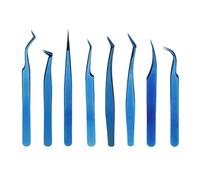 OKOVO 8pcs Eyelash Tweezers Stainless Steel Fine Tip Ergonomic Blue Eyelash Extension Tweezers Set for Professional (Blue)