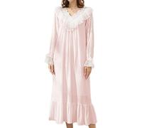 OKSakady Donne Manica Lunga Cotone Camicia da Notte Lunghezza Midi Pizzo Principessa Notte Vestito Pajama Vestito