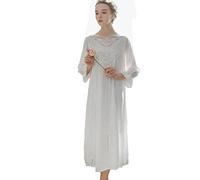 OKSakady Donne Manica Lunga Cotone Camicia da Notte Lunghezza Midi Pizzo Principessa Notte Vestito Pajama Vestito (Cotone Bianco, M)