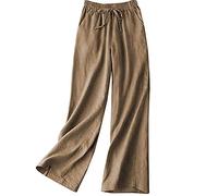 OKSakady Pantaloni da Donna in Lino con Coulisse Pantaloni a Palazzo a Gamba Larga Pantaloni Elastici in Vita Pantaloni per Il Tempo Libero da Salotto