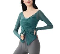 OKSakady Top in Tessuto Mesh da Donna Cordino in Vita Cinch Yoga Cover Up Camicia a Maniche Lunghe Sexy con Collo a V