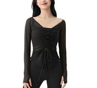 OKSakady Top in Tessuto Mesh da Donna Cordino in Vita Cinch Yoga Cover Up Camicia a Maniche Lunghe Sexy con Collo a V
