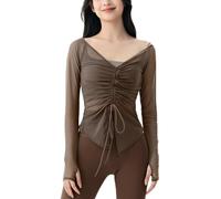 OKSakady Top in Tessuto Mesh da Donna Cordino in Vita Cinch Yoga Cover Up Camicia a Maniche Lunghe Sexy con Collo a V