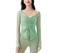 OKSakady Top in Tessuto Mesh da Donna Cordino in Vita Cinch Yoga Cover Up Camicia a Maniche Lunghe Sexy con Collo a V