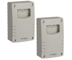 Oktaplex Bela - Set di 2 interruttori crepuscolari esterni, con timer di spegnimento, IP65, 230 V, sensore crepuscolare regolabile, colore: grigio/bianco