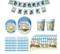 Oktoberfest Decoration Set, Tableware Tablecloth Kit, Vibrant Blue and White Prints, Versatile Napkin Cup Bundle for Backyard, Lawn, Tent, Beach Celebration, 32x25x7cm