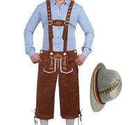 Oktoberfest Outfits For Men - Traditional Bavarian Costume Set With Lederhosen, Suspenders & Shirt | German Beer Festival Attire For Adults | Authentic Alpine Outfit For Party, Parade & Cultural Event