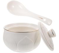 OKUMEYR Set 1 Ciotola in Ceramica da 330 Ml con Coperchio e Cucchiaio, Pentola per Stufare con Bordi Dorati, Adatta per Dessert e Zuppa, Uso Domestico e Buffet