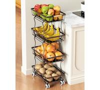 OKZEST Cesto portaoggetti sottile a 4 ripiani per frutta e verdura, impilabile, in filo metallico con ruote, per produrre cipolle e patate, organizer per snack, per dispensa, nero