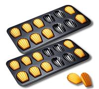 OlBuWa Stampo Madeleine, Madeleine Antiaderente 12 Cavità, Teglia Antiaderente in Acciaio al Carbonio, Teglie per Torte per Cioccolato Pasticcini Muffin Cupcakes Brownies (Nero, 2 Pezzi)