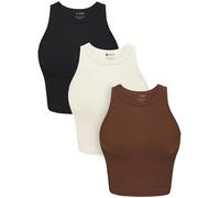 OLCHEE Confezione da 3 Canottiere da Donna, Senza Cuciture, a Costine, con Collo Alto e Schiena Incrociata, per Allenamento, Estate, Casual, Yoga, Palestra, Nero, Marrone, Beige, S