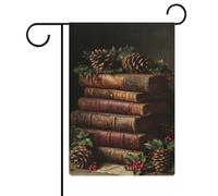 Old Books - Bandiera da giardino con pigne e foglie di agrifoglio, in iuta su entrambi i lati, 30,5 x 45,7 cm