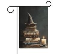 Old Books Cappello da strega Candela Fantasy Art Bandiera da giardino Stagionale Vacanze Stagionali iuta Doppio Lato Casa Yard Bandiere Esterni 30,5 x 45,7 cm