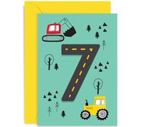 Old English Co. - Biglietto colorato per il settimo compleanno per ragazzi e ragazze, divertente biglietto di auguri per il 7° compleanno dei bambini, con trattore scavatore, per lui e lei, interno