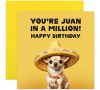 Old English Co. Biglietto di auguri di compleanno divertente per uomini e donne, con scritta "Juan in a Million", per uomini e donne, simpatico cane chihuahua, biglietto di auguri di compleanno per