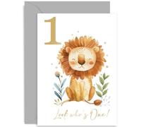Old English Co. - Biglietto di auguri per il 1° compleanno per ragazzo o ragazza, unisex, per lui e lei, con grazioso leone in lamina d'oro, per figlio, figlia, nipote, interno bianco