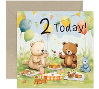 Old English Co. - Biglietto di auguri per il 2° compleanno, motivo: simpatico orso picnic, per ragazzo e ragazza, interno bianco