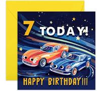Old English Co. - Biglietto di auguri per il settimo compleanno, per bambini o bambine, per 7° compleanno, 7-sette anni, a tema auto sportive da corsa, per figlio, figlia, nipote, nipote